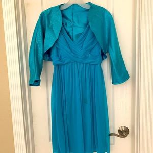 David’s Bridal blue knee length dress with handmade shrug